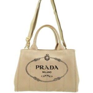 Prada Canapa Tote canvas handbag top handles 2way Tan